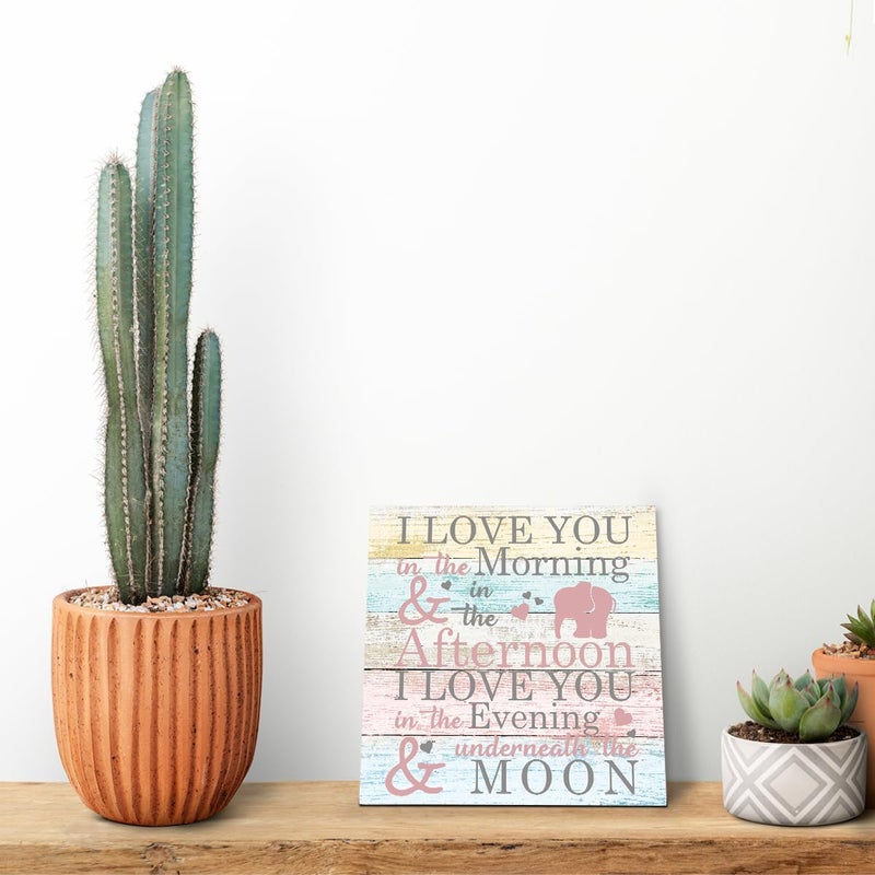 SUSZDOU Love Sign, Wood Plaque Table Art Sign 6.2 * 6.2inch, Elephant Wood Sign for Nursery, Decoration for Baby Girls Room, Daughter's Room Decor, I Love You in the Morning Afternoon Evening & Moon A - Image 5